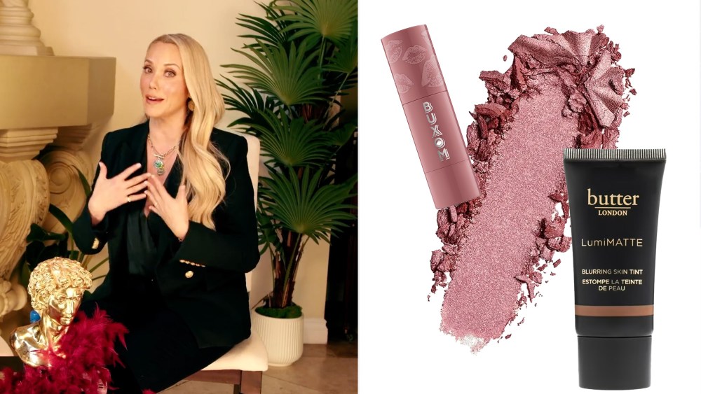 Elizabeth Berkley filming livestream for TalkShopLive; assortment of makeup products over an eyeshadow swatch