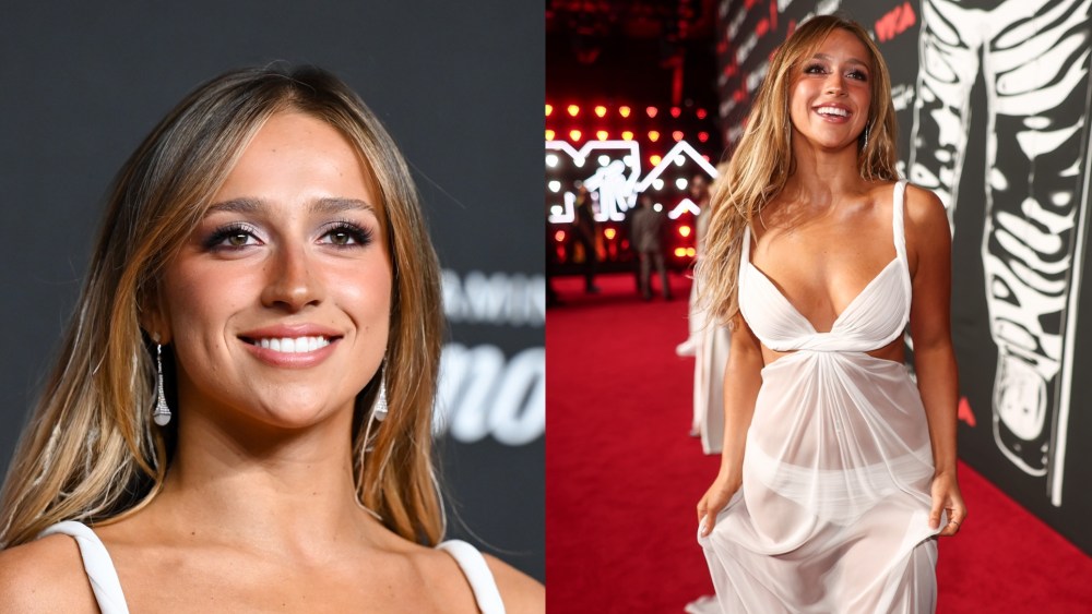 Tate McRae wears a custom white sheer Ludovic de Saint Sernin dress to the MTV VMAs on Sept. 7, 2025 in New York City.