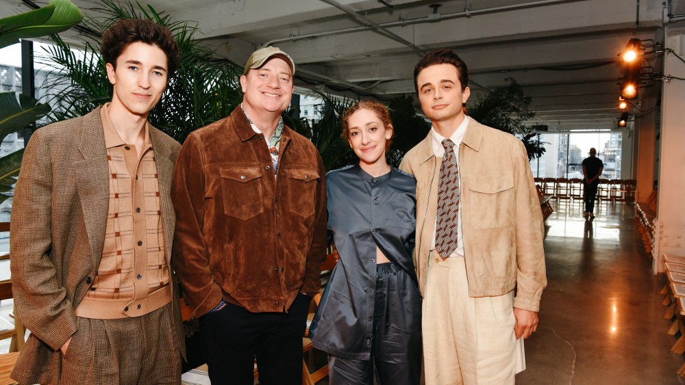 Holden Fraser, Brendan Fraser, Micaela Diamond and Ben Ahlers at Todd Snyder Spring 2026 Ready-to-Wear Show.