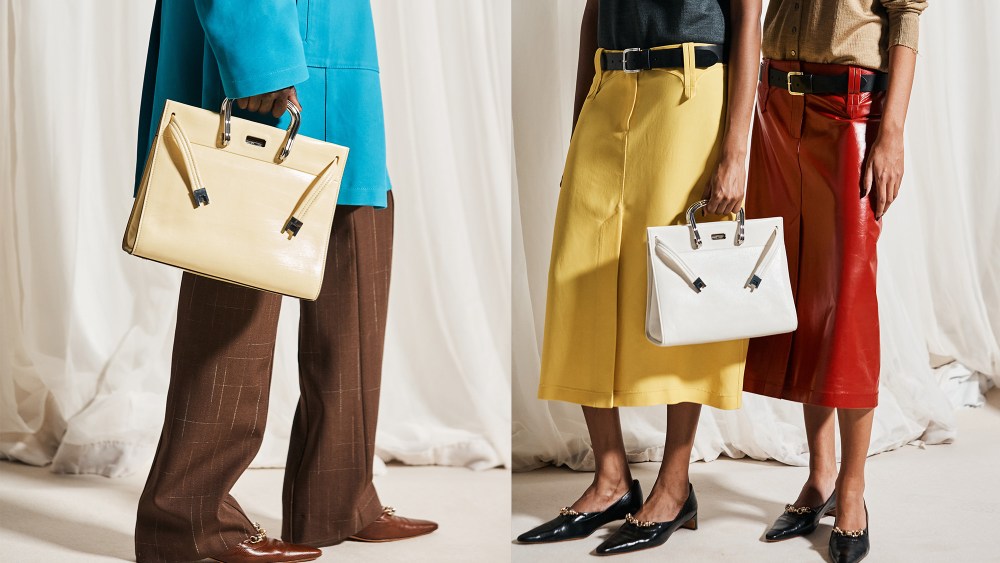 models showing off the Lee Radziwill Double Bag in a cream color while wearing bright blazers, midi skirts, and more