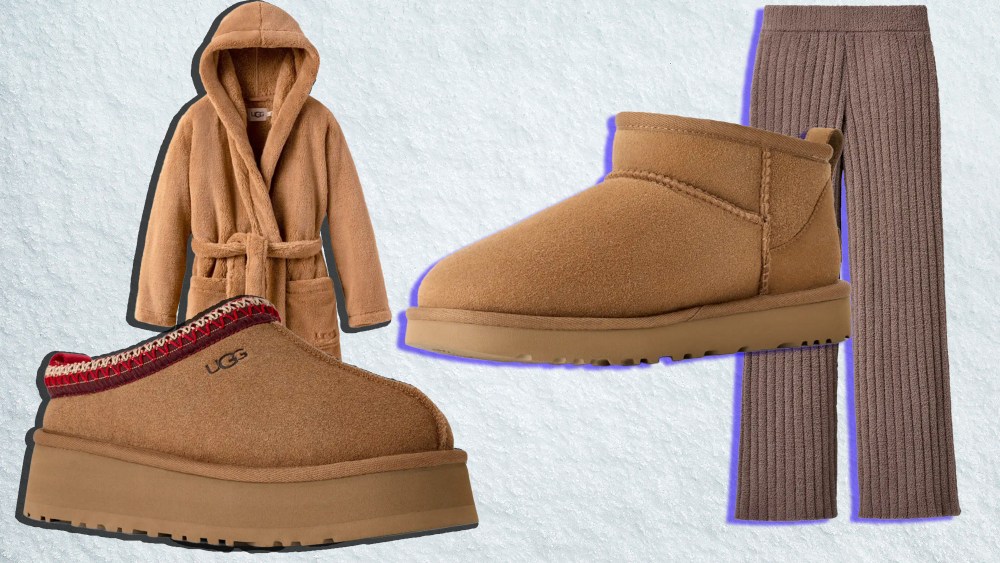assortment of cozy ugg products, from robes to boots, over a snowy white background