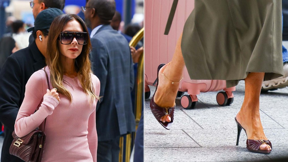Victoria Beckham wears Saint Laurent Babylone peep-toe ruched mules in bordeaux while out in Paris on Monday.