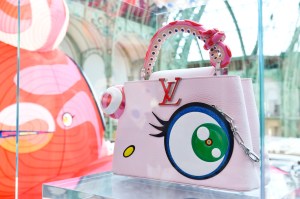 The Louis Vuitton stand at Art Basel Paris featuring artworks and handbag designs by Takashi Murakami.