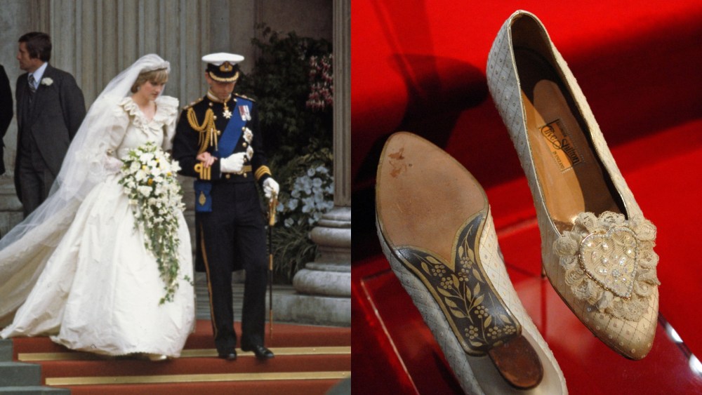 Prince Charles and Princess Diana leaving St Paul's Cathedral in London after the wedding ceremony on July 29th, 1981.
Right: Princess Diana's wedding slippers are seen on display in the traveling 'Diana: A Celebration' exhibit, Oct. 1, 2009 at the National Constitution Center in Philadelphia, Pennsylvania.