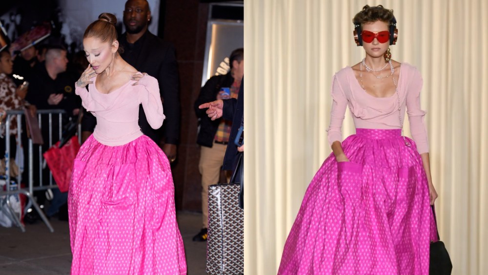 Ariana Grande wearing Andreas Kronthaler for Vivienne Westwood spring 2025 ready-to-wear collection promoting Wicked: For Good on Oct. 27, 2025 in New York City.