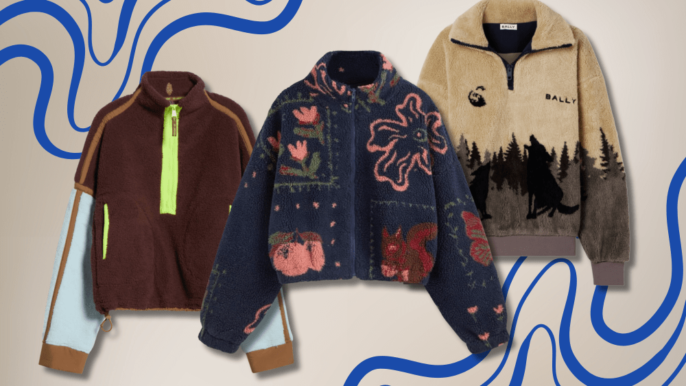 three fleece jackets, from brands like FP movement and bally, over a light gray background with blue swirls on it
