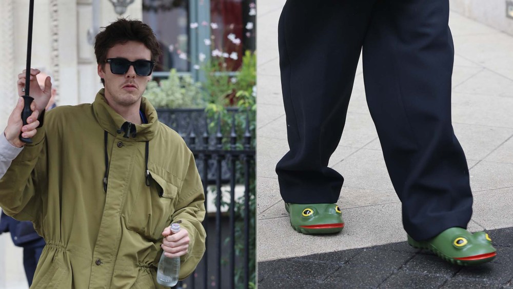 Cruz Beckham wearing JW Anderson x Wellipet Frog Loafers in green in Paris during Fashion Week on Friday.