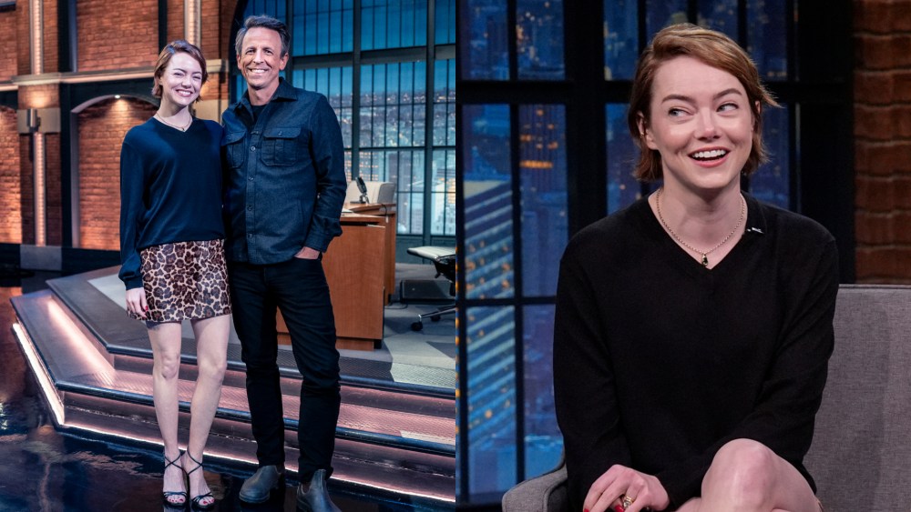 Emma Stone and host Seth Meyers during a commercial break on October 30, 2025