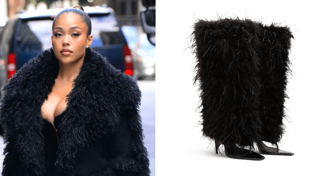 Jordyn Woods wore her Woods by Jordyn Feathered Rev Boots in Black out in New York City on Wednesday.