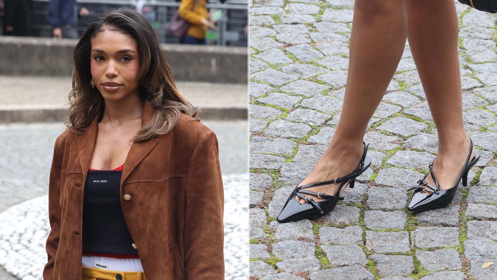 Lori Harvey in Miu Miu's three-strap buckle kitten heel slingback at the house's spring 2026 show on Monday during Paris Fashion Week.