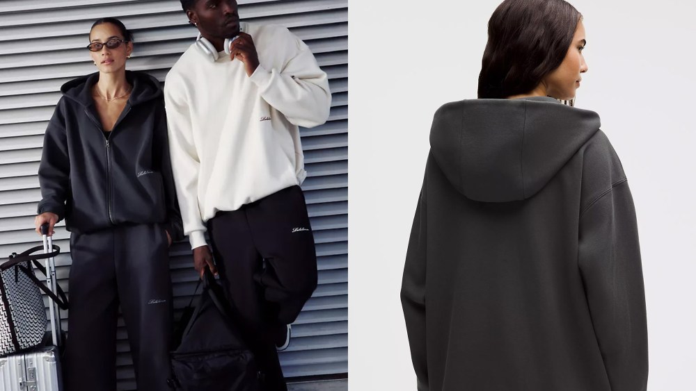 two lululemon male and female models wearing the brand's new big cozy pullovers and hoodies; a woman modeling the lululemon fleece hoodie while standing with her back to the camera