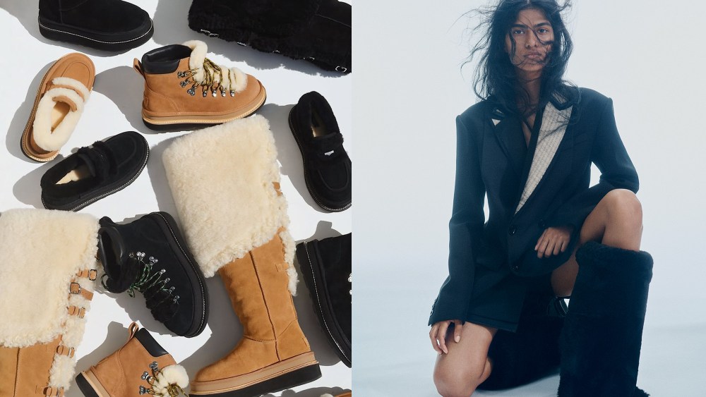 assortment of ugg x sacai boot and loafer styles splayed out on the floor; model wearing a fuzzy ugg x sacai boot