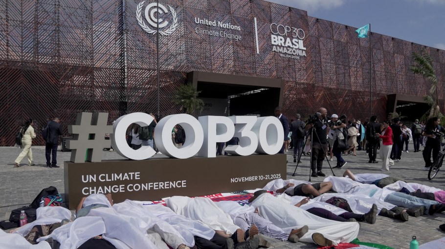 People participate in a demonstration in front of main entrance of COP30 in Belem, Para State, Brazil on November 10, 2025.