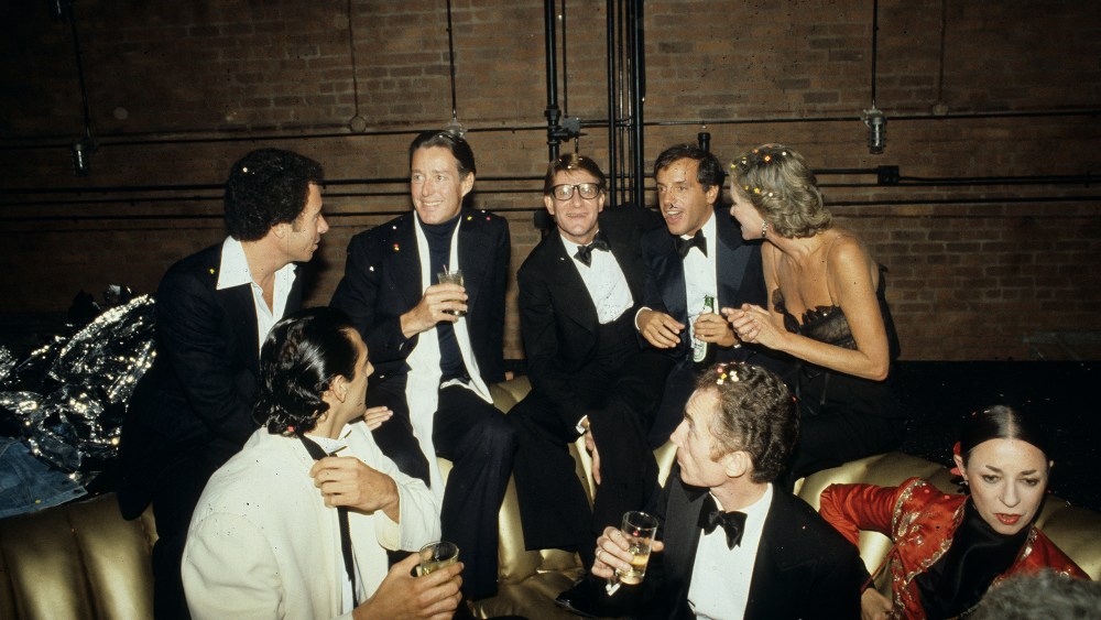 Halston,Yves Saint Laurent,Steve Rubell, Nan Kempner, Fernando Sanchez and D.D. Ryan attend the Opium Fragrance launch party at Studio 54, 1978.