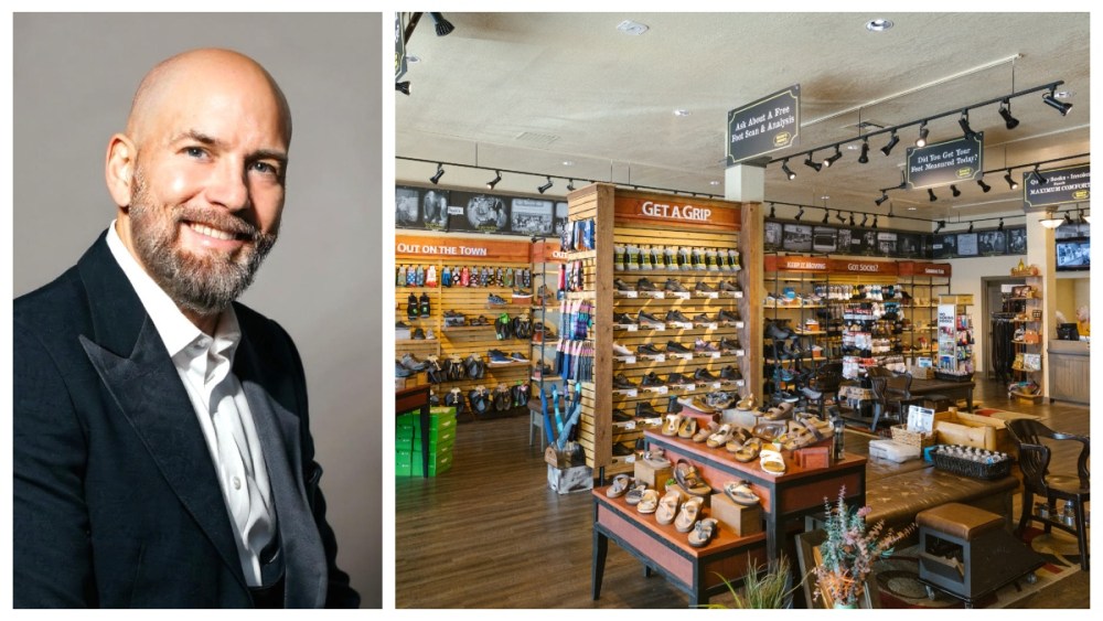 Beck's Shoes CEO Adam Beck (at left) and inside a Beck's Shoes retail location