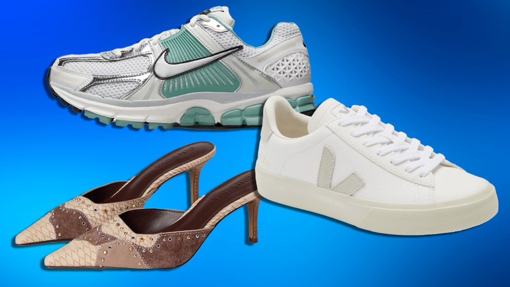 trio of shoes, including white sneakers and heels, over a gradient blue background