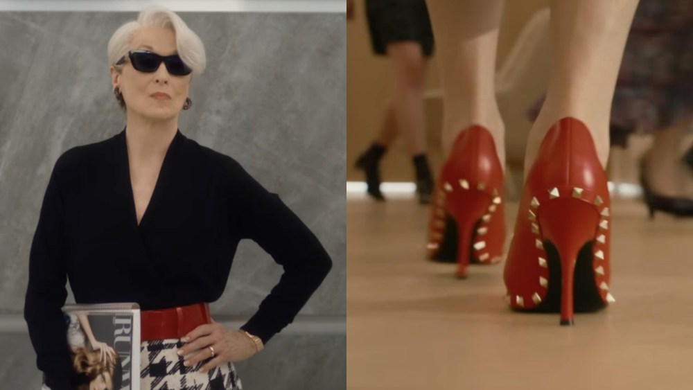 Meryl Streep as Miranda Priestly wearing red Valentino Rockstud pumps in the teaser trailer for 'The Devil Wears Prada 2.'