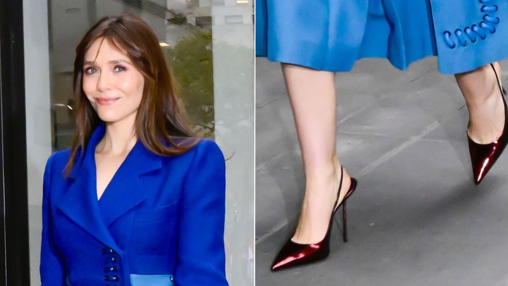 Elizabeth Olsen wears metallic-finish maroon Paris Texas Lidia slingbacks on her way to the Today Show on Wednesday in New York City.