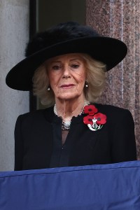 LONDON, ENGLAND - NOVEMBER 9: Britain's Queen Camilla attends the Remembrance Sunday ceremony at the Cenotaph on Whitehall on November 9, 2025 in London, England. Every year, members of the British Royal Family join politicians, veterans and members of the public to remember those who have died in combat. (Photo by Henry Nicholls  -  WPA Pool/Getty Images)