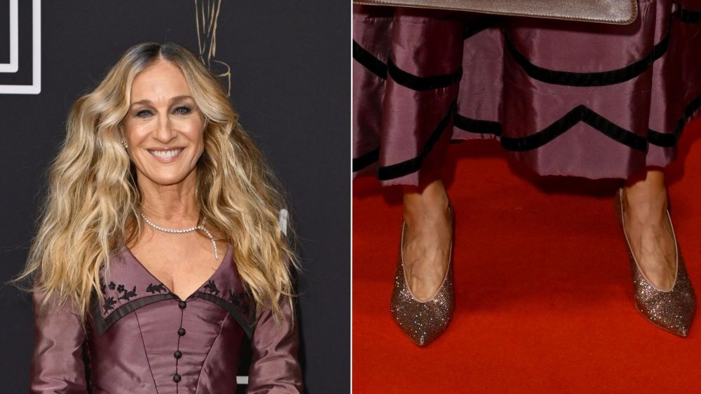 Sarah Jessica Parker wearing blush-hued, crystal-covered pumps at the 2025 Booker Prize Ceremony in London on Sunday.