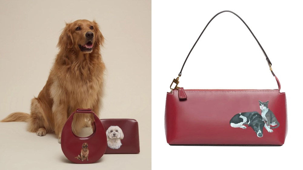golden retriever sitting next to two staud custom bags in a burgundy hue; a burgundy staud custom bag with pets on it over a white background
