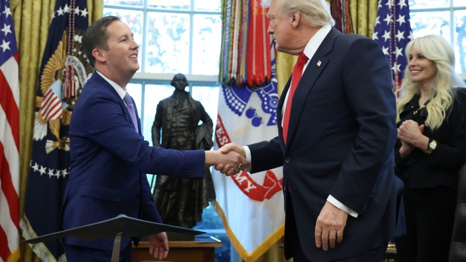 U.S. President Donald Trump with U.S. Ambassador to India Sergio Gor during his swearing-in ceremony in the Oval Office on Nov. 10.
