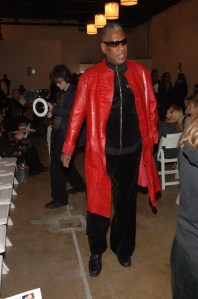 In 2006, Andre Leon Talley centered his looks around a group of Prada animal skin coats and sportswear looks befitting of the era. Here he wears a red alligator topcoat over a custom black Juicy Couture track suit to attend Behnaz Sarafpour’s fall 2006 runway show in New York.