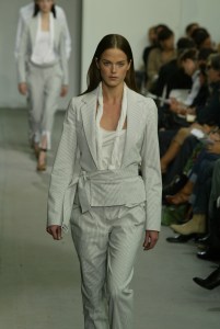 A model walks down the runway at the Spring 2005 Helmut Lang show in Paris.