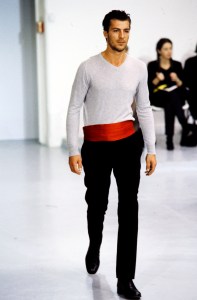 A model walks in the Helmut Lang Fall 1997 Ready to Wear Runway Show on March 14, 1997, in Paris, France.