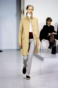 A model walks the runway for the Helmut Lang Fall 1997 Ready to Wear Collection presentation on March 14, 1997 in Paris.