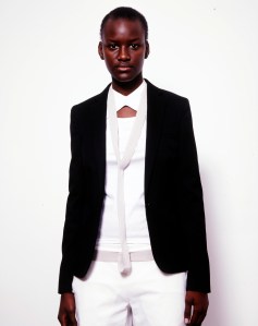 A model wears a look from the Helmut Lang Spring 2001 Ready to Wear collection, in New York City.