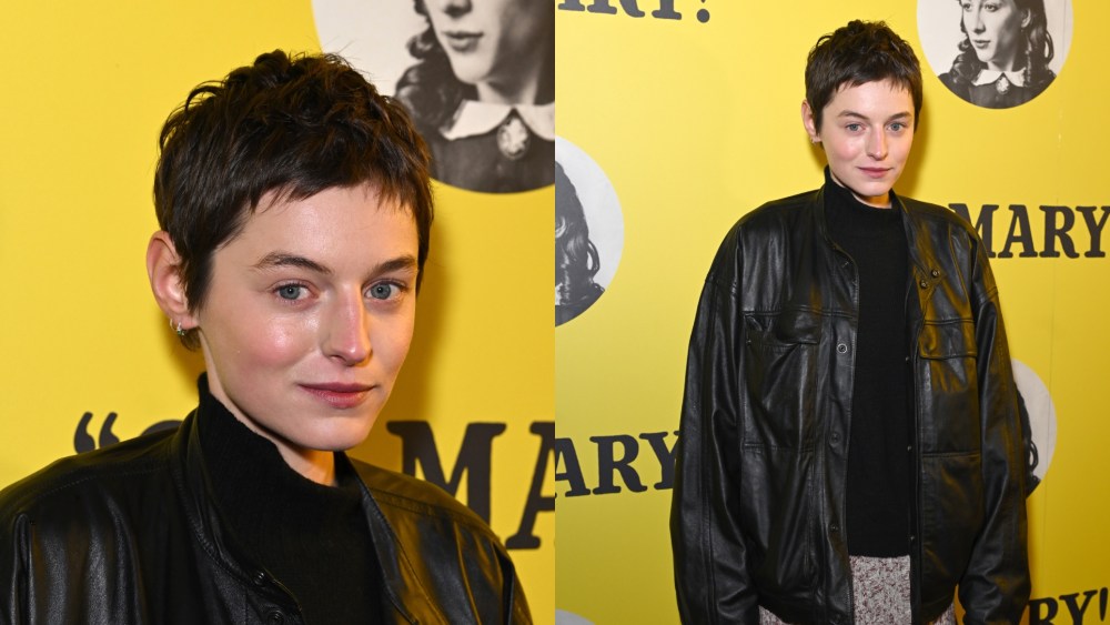 Emma Corrin wears Lemaire leather jacket and wool skirt at the "Oh, Mary!" West End Opening Night on Dec. 18, 2025 in London.