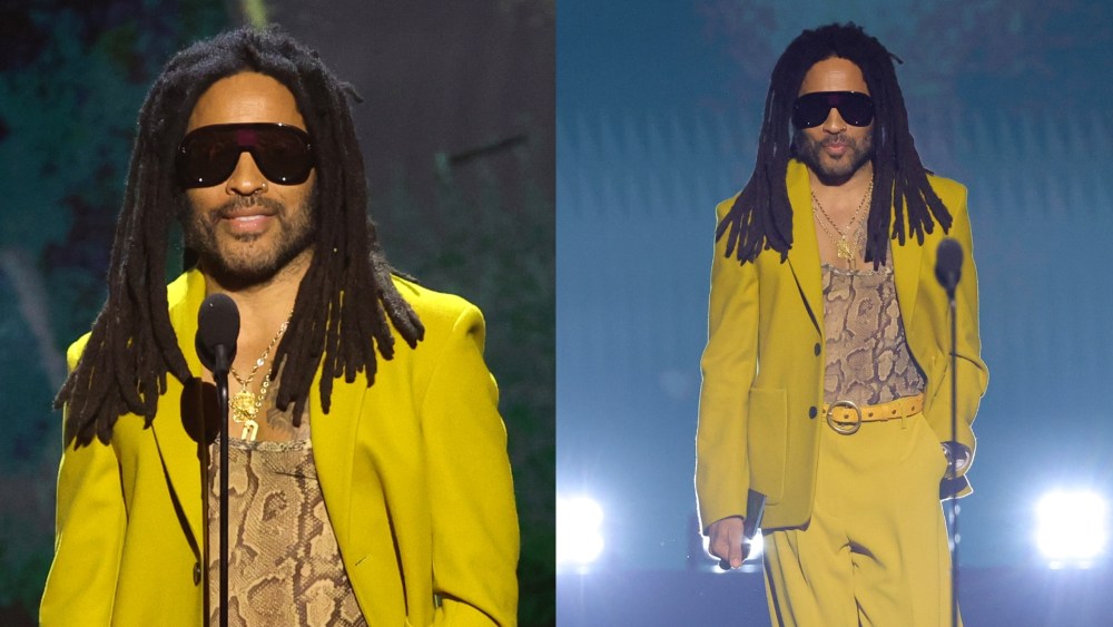 Lenny Kravitz wears a monochrome suit with snakeskin shirt onstage during The Game Awards 2025 at Peacock Theater on Dec. 11, 2025 in Los Angeles.