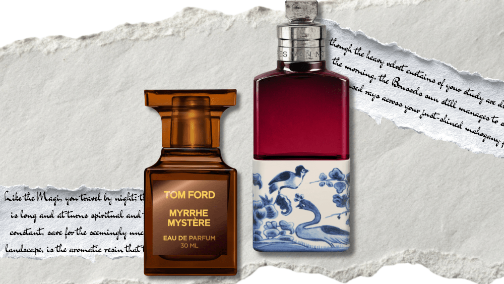 a tom ford and dries van noten perfume overlaid on faux pieces of paper, some of them bearing poetic descriptions of the scents in question