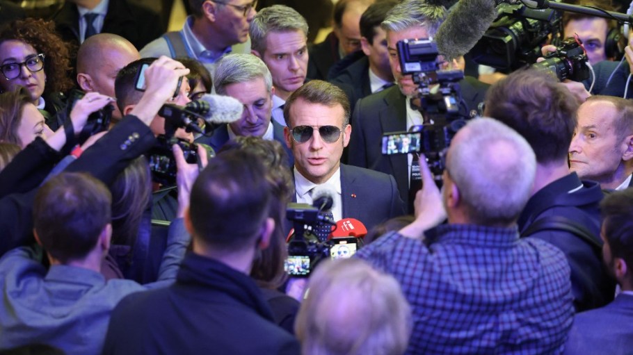 France's President Emmanuel Macron speaks to the press at the World Economic Forum annual meeting in Davos, Switzerland.