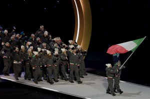 Milan, Italy. February 6, 2026:  Flagbearers Arianna Fontana and Federico Pellegrino of Team Italy during the opening ceremony at the 2026 Winter Olympics at San Siro Stadium on February 6, 2026 in Milan, Italy. (Robert Gauthier / Los Angeles Times via Getty Images)