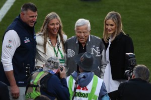 Head Coach Mike Vrabel of the New England Patriots and his wife Jennifer Vrabel with Owner Robert Kraft of the New England Patriots and his wife Dana Mlumberg pose for photos prior to the start of the Seattle Seahawks versus the New England Patriots Super Bowl LX game on February 8, 2026, at Levi's Stadium in Santa Clara, CA.