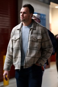 Hunter Henry #85 of the New England Patriots arrives at Levi's Stadium prior to Super Bowl LX Against the Seattle Seahawks on February 08, 2026 in Santa Clara, California.