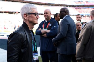 Tim Cook walks on the field prior to Super Bowl LX  between the New England Patriots and the Seattle Seahawks at Levi's Stadium on February 08, 2026 in Santa Clara, California.
