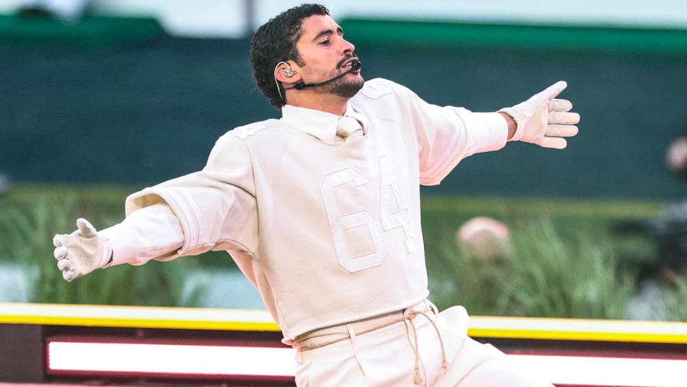 Bad Bunny performs onstage at Super Bowl LX held at Levi's Stadium on February 08, 2026 in Santa Clara, California.