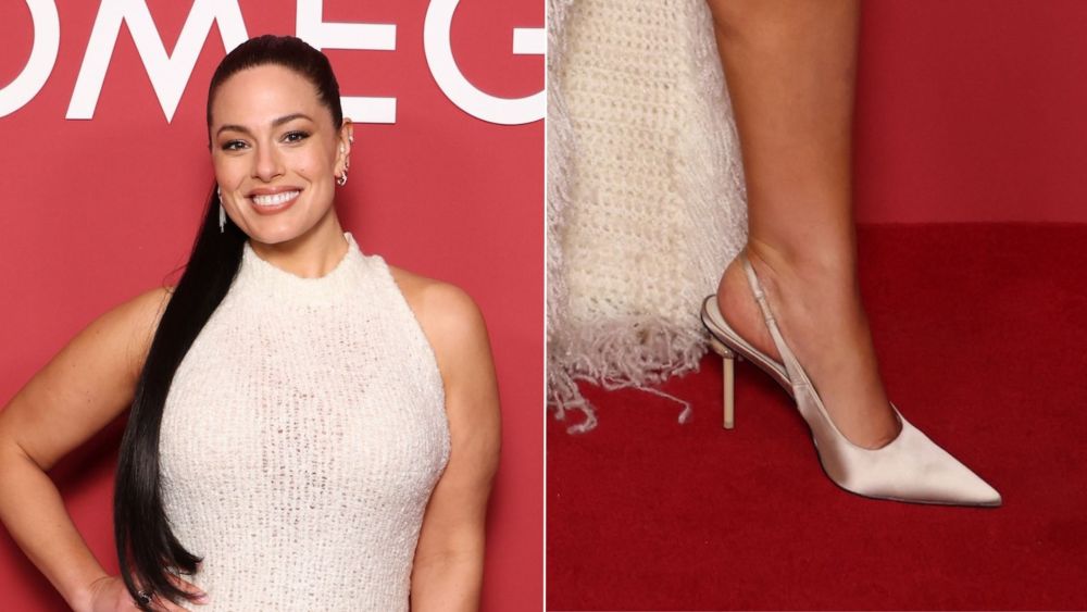 Ashley Graham in crystal-ball slingback heels at Omega's "French Alps 2030" Winter Olympics event on Monday night in Milan.