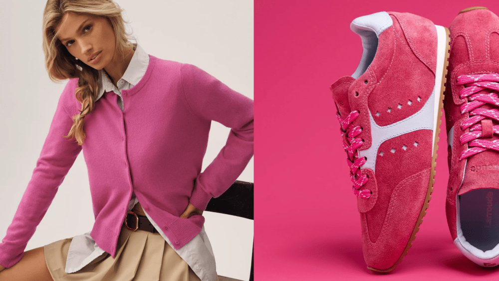 model posing in anthropologie's pink cardigan while wearing pleated skirt; larroudé pink stella sneakers over pink background
