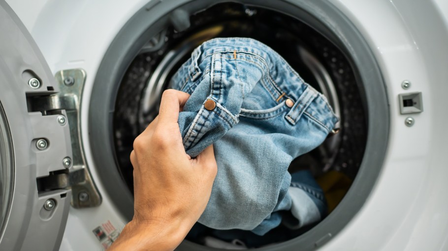 Jeans in a washer.