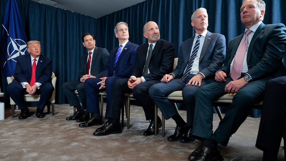 DAVOS, SWITZERLAND - JANUARY 21: U.S. President Donald Trump (L) attends a bilateral meeting with NATO Secretary General Mark Rutte (not pictured) alongside (L-R) U.S. Secretary of State Marco Rubio, U.S. Treasury Secretary Scott Bessent, U.S. Secretary of Commerce Howard Lutnick, U.S. Secretary of Energy Chris Wright and U.S. Special Envoy to the Middle East Steve Witkoff on the sidelines of the World Economic Forum (WEF) Annual Meeting on January 21, 2026 in Davos, Switzerland. The annual meeting of political and business leaders comes amid rising tensions between the United States and Europe over a range of issues, including Trump's vow to acquire Greenland, a semi-autonomous Danish territory. (Photo by Chip Somodevilla/Getty Images)