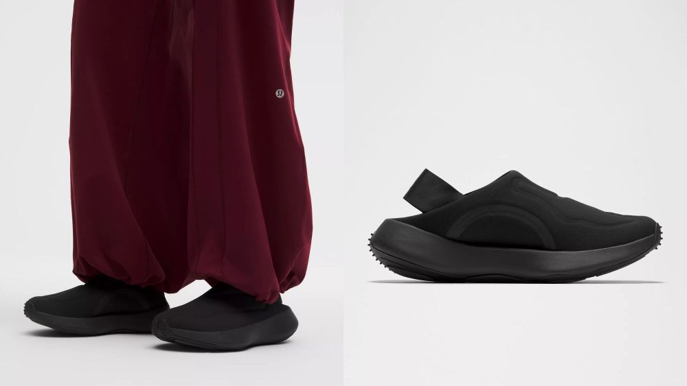 How to buy Lululemon Women's ZenMode Mule shoes online; model wearing black version of Lululemon Women's ZenMode Mule, black lululemon mule shoes over white background