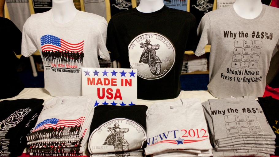 Made in USA shirts for sale at the Conservative Political Action Conference (CPAC) in Washington, DC.