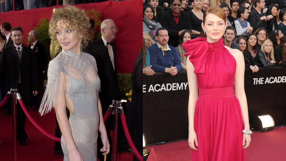 Kate Hudson wears a Chloé by Stella McCartney dress to the 2001 Oscars. Emma Stone in a  Giambattista Valli gown at the 2012 Oscars.