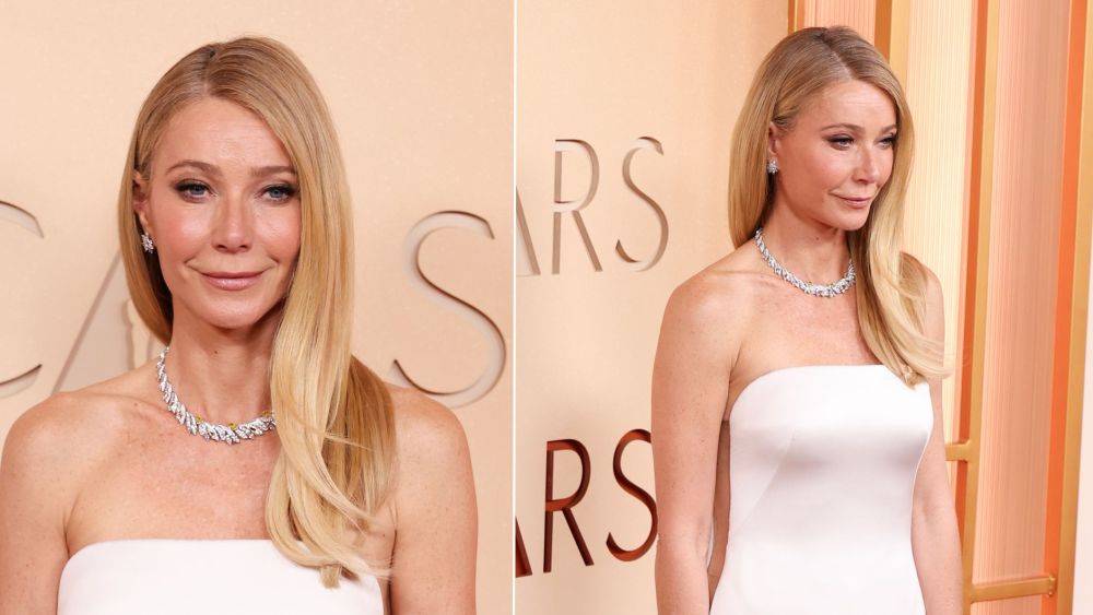 Gwyneth Paltrow on the 2026 Oscars red carpet in a Giorgio Armani Privé gown with subtle side cutouts.