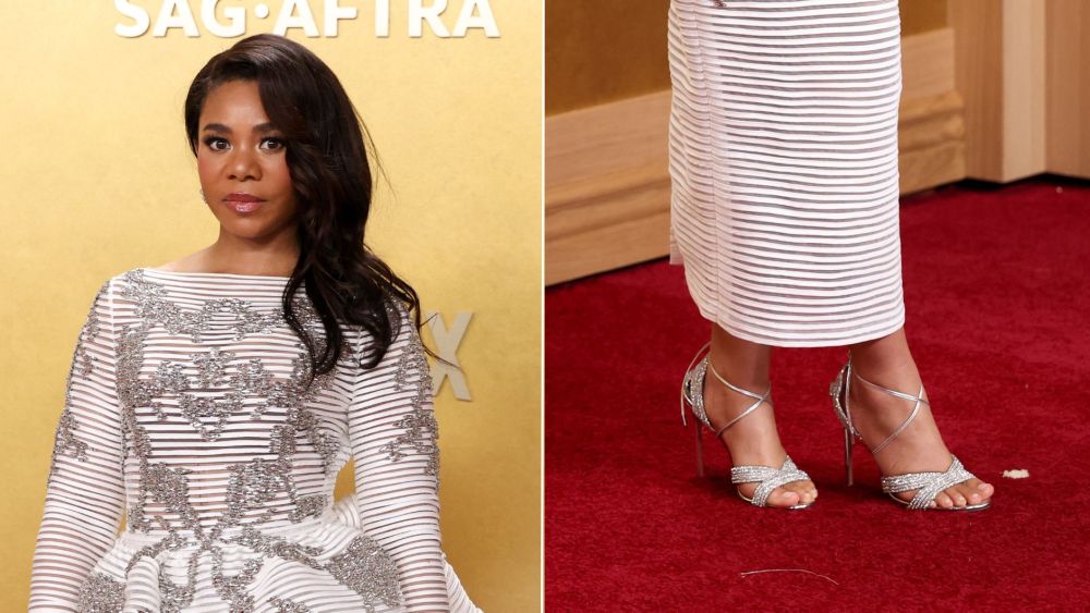 Regina Hall wearing Aquazzura Ari Crystal Sandals in Silver at the 2026 SAG Actor Awards on Sunday night.