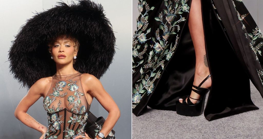 Rita Ora Balances Sheer Embroidery With Sky-high D’Accori Platforms at the Vanity Fair Oscars Party